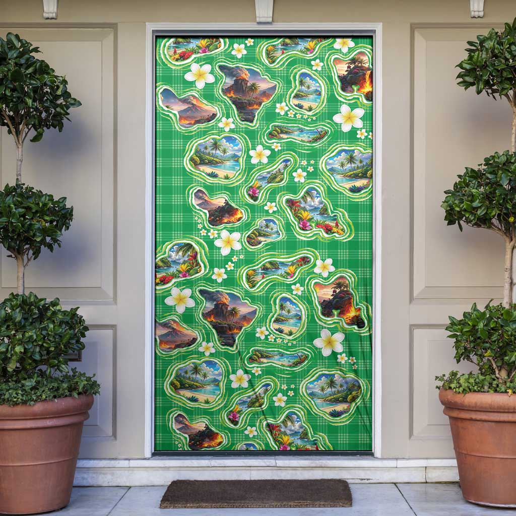 Hawaii Map with Plumeria Flower and Palaka Pattern Door Cover Tropical Island Green Design LT03 Green - Polynesian Pride