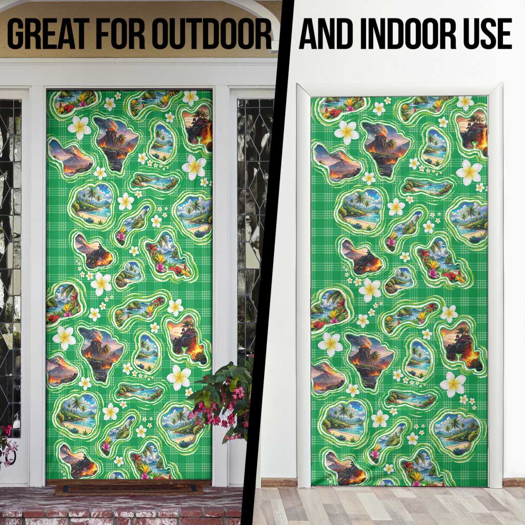 Hawaii Map with Plumeria Flower and Palaka Pattern Door Cover Tropical Island Green Design LT03 - Polynesian Pride