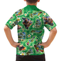Hawaii Map with Plumeria Flower and Palaka Pattern Family Matching Long Sleeve Bodycon Dress and Hawaiian Shirt Tropical Island Green Design