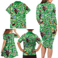 Hawaii Map with Plumeria Flower and Palaka Pattern Family Matching Long Sleeve Bodycon Dress and Hawaiian Shirt Tropical Island Green Design