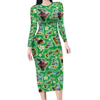 Hawaii Map with Plumeria Flower and Palaka Pattern Family Matching Long Sleeve Bodycon Dress and Hawaiian Shirt Tropical Island Green Design