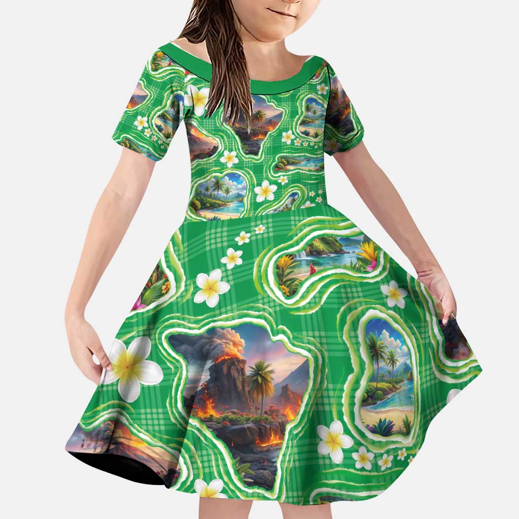 Hawaii Map with Plumeria Flower and Palaka Pattern Family Matching Mermaid Dress and Hawaiian Shirt Tropical Island Green Design