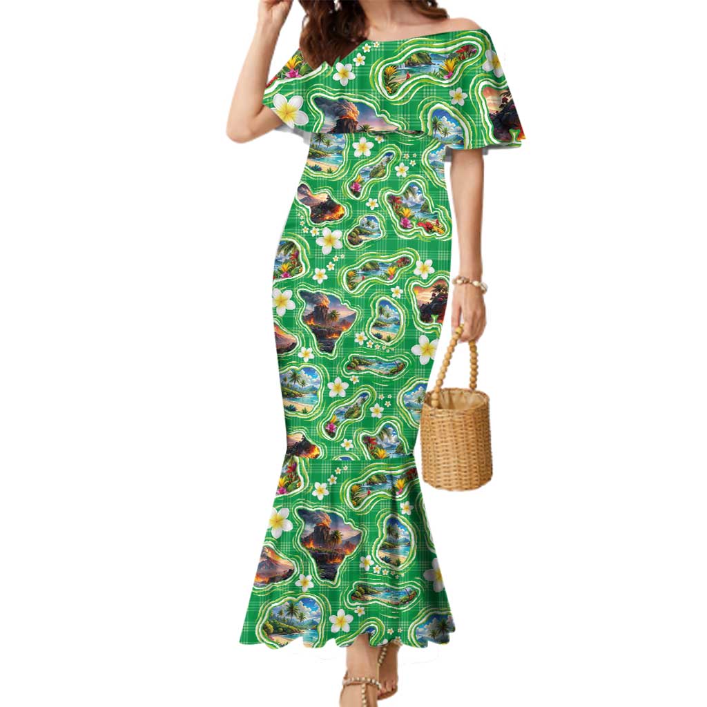 Hawaii Map with Plumeria Flower and Palaka Pattern Family Matching Mermaid Dress and Hawaiian Shirt Tropical Island Green Design