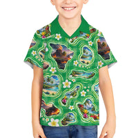 Hawaii Map with Plumeria Flower and Palaka Pattern Family Matching Mermaid Dress and Hawaiian Shirt Tropical Island Green Design