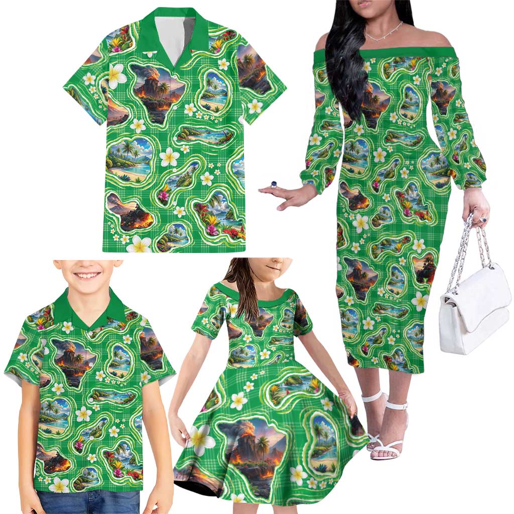 Hawaii Map with Plumeria Flower and Palaka Pattern Family Matching Off The Shoulder Long Sleeve Dress and Hawaiian Shirt Tropical Island Green Design