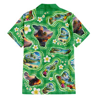 Hawaii Map with Plumeria Flower and Palaka Pattern Family Matching Off The Shoulder Long Sleeve Dress and Hawaiian Shirt Tropical Island Green Design