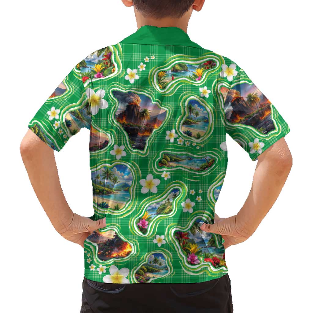 Hawaii Map with Plumeria Flower and Palaka Pattern Family Matching Off Shoulder Maxi Dress and Hawaiian Shirt Tropical Island Green Design