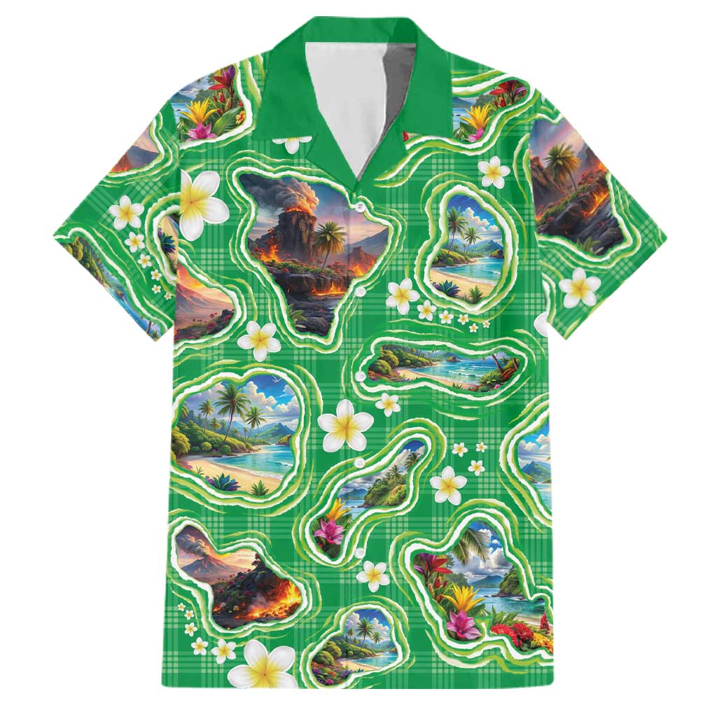 Hawaii Map with Plumeria Flower and Palaka Pattern Family Matching Off Shoulder Maxi Dress and Hawaiian Shirt Tropical Island Green Design