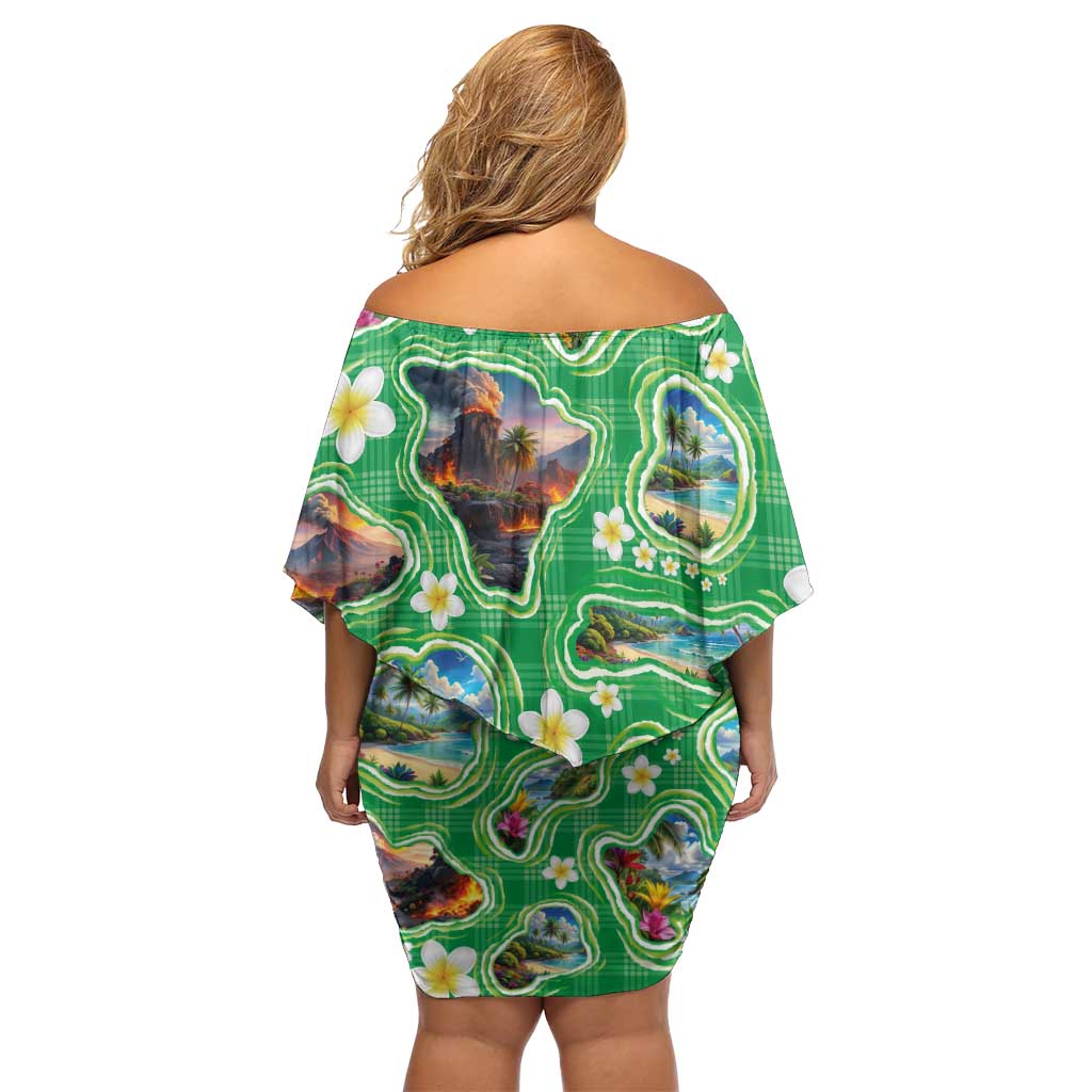 Hawaii Map with Plumeria Flower and Palaka Pattern Family Matching Off Shoulder Short Dress and Hawaiian Shirt Tropical Island Green Design