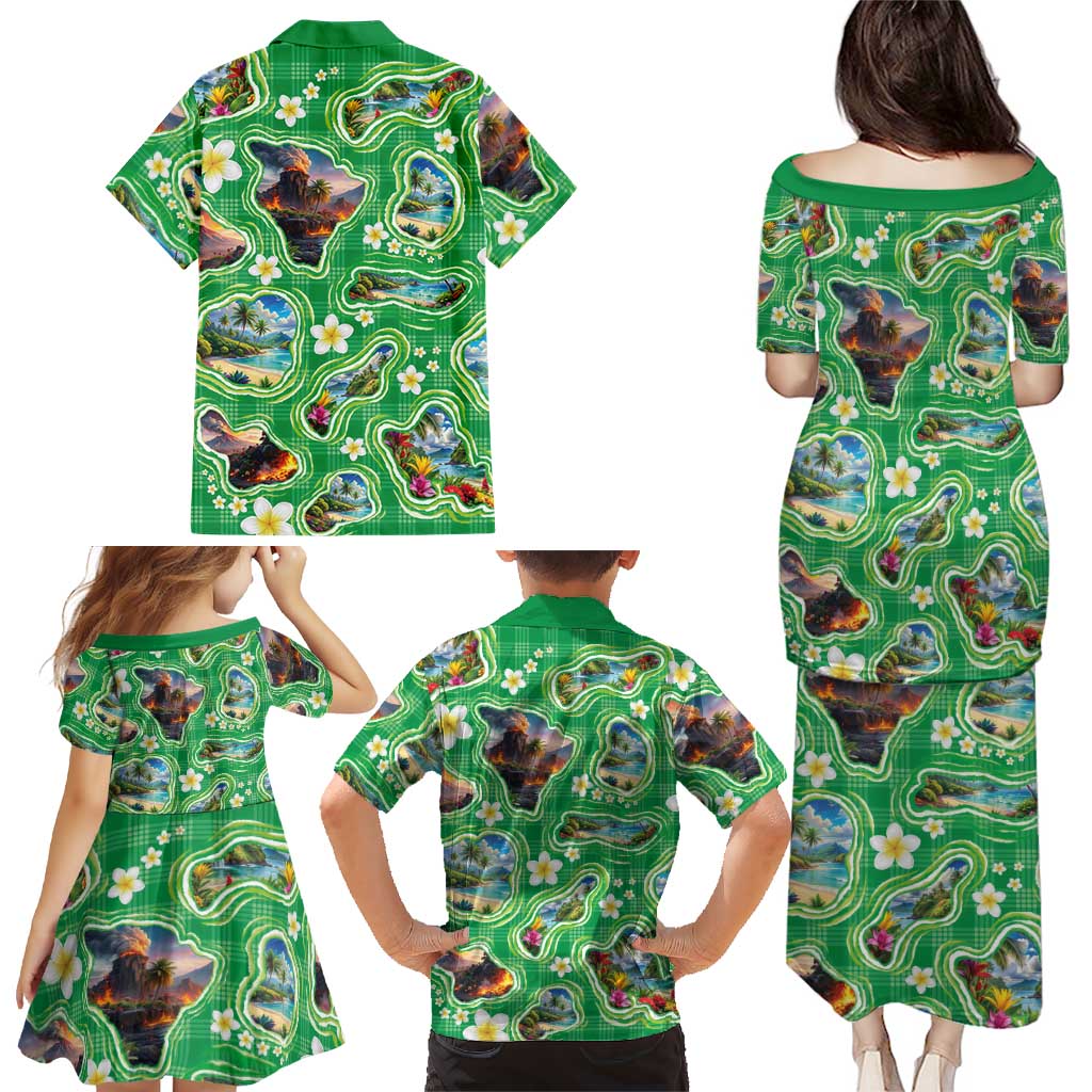 Hawaii Map with Plumeria Flower and Palaka Pattern Family Matching Puletasi and Hawaiian Shirt Tropical Island Green Design