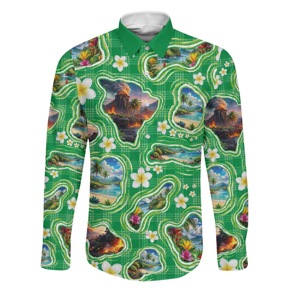 Hawaii Map with Plumeria Flower and Palaka Pattern Family Matching Puletasi and Hawaiian Shirt Tropical Island Green Design