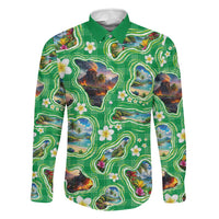 Hawaii Map with Plumeria Flower and Palaka Pattern Family Matching Puletasi and Hawaiian Shirt Tropical Island Green Design