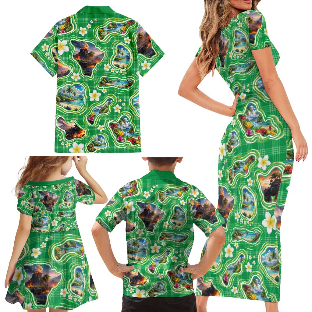 Hawaii Map with Plumeria Flower and Palaka Pattern Family Matching Short Sleeve Bodycon Dress and Hawaiian Shirt Tropical Island Green Design