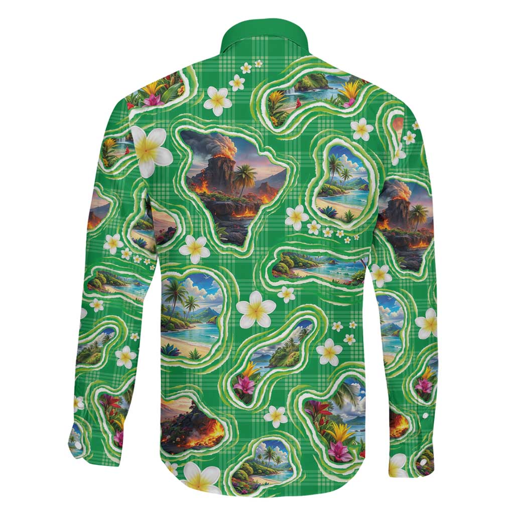 Hawaii Map with Plumeria Flower and Palaka Pattern Family Matching Tank Maxi Dress and Hawaiian Shirt Tropical Island Green Design