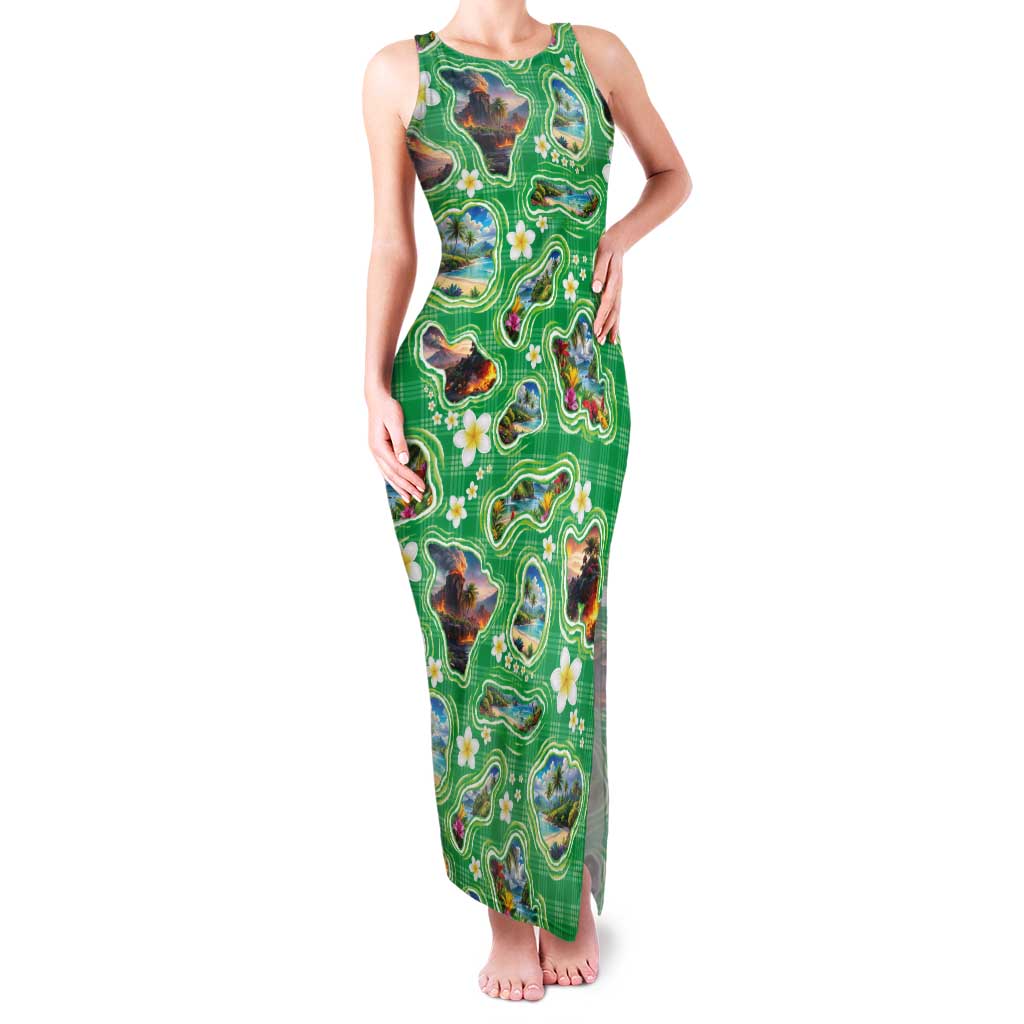Hawaii Map with Plumeria Flower and Palaka Pattern Family Matching Tank Maxi Dress and Hawaiian Shirt Tropical Island Green Design