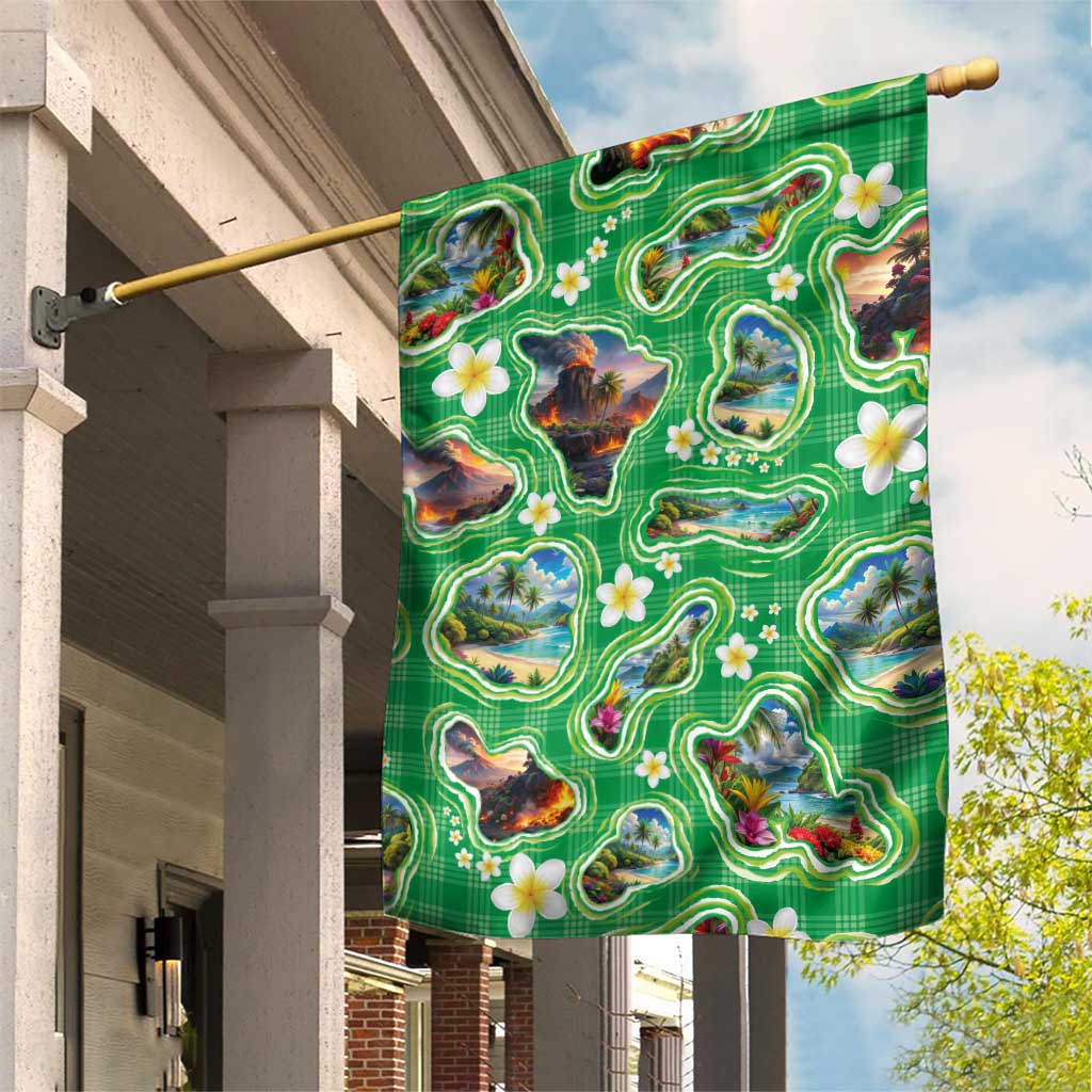 Hawaii Map with Plumeria Flower and Palaka Pattern Garden Flag Tropical Island Green Design LT03 House Flag Green - Polynesian Pride