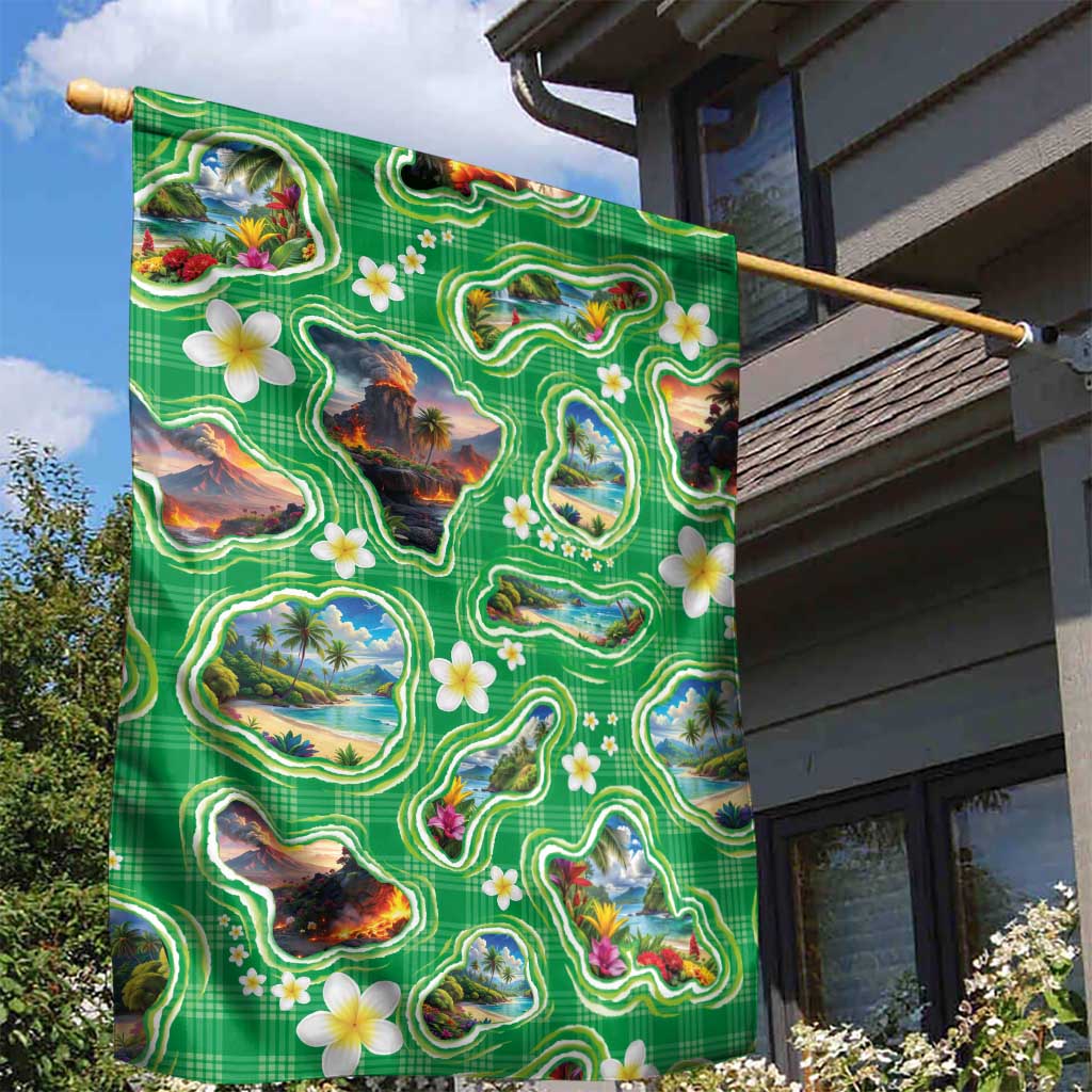 Hawaii Map with Plumeria Flower and Palaka Pattern Garden Flag Tropical Island Green Design LT03 - Polynesian Pride
