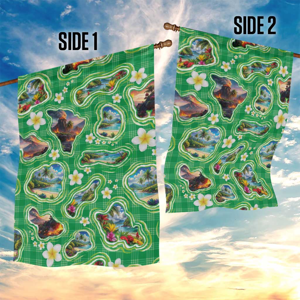 Hawaii Map with Plumeria Flower and Palaka Pattern Garden Flag Tropical Island Green Design LT03 - Polynesian Pride