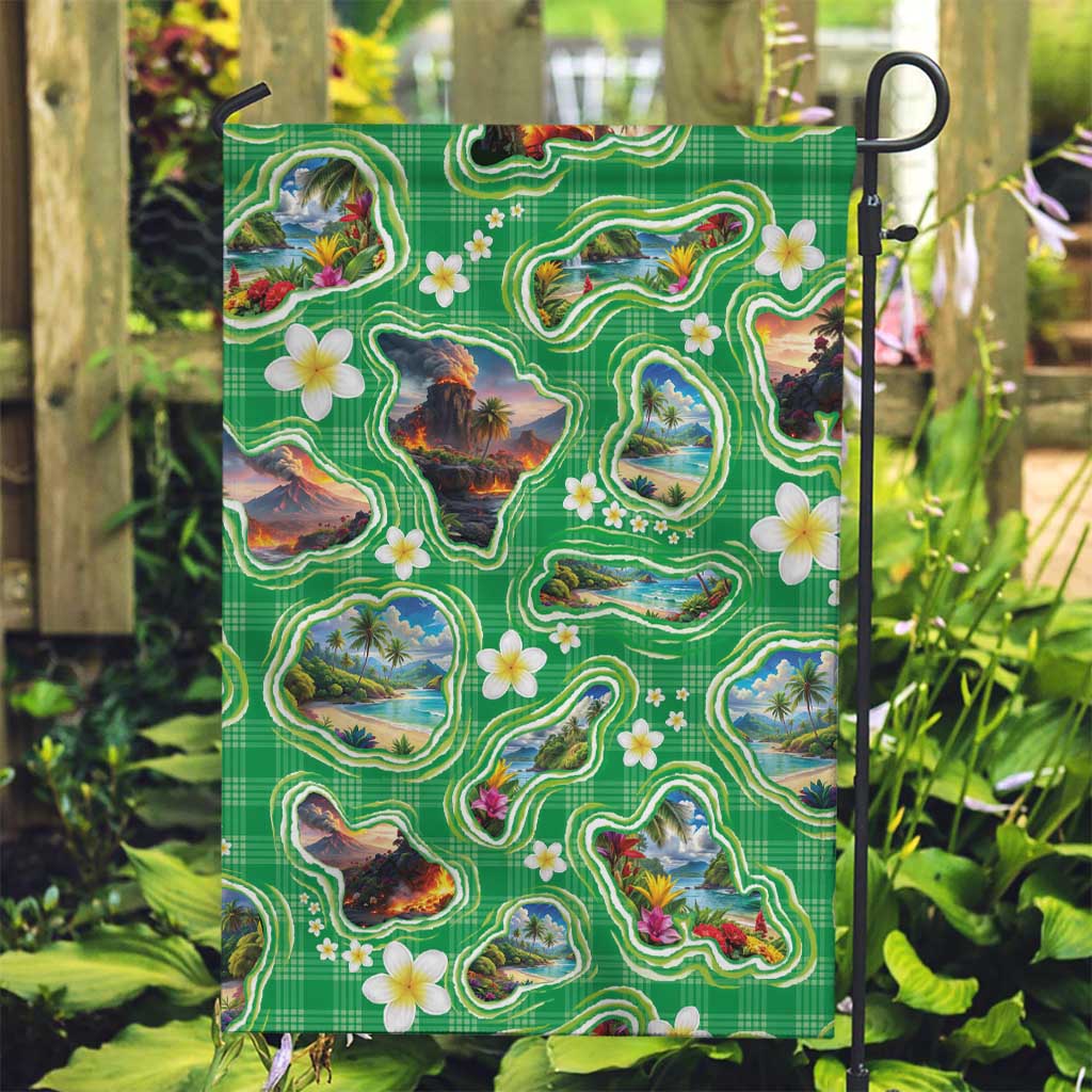 Hawaii Map with Plumeria Flower and Palaka Pattern Garden Flag Tropical Island Green Design LT03 Garden Flag Green - Polynesian Pride