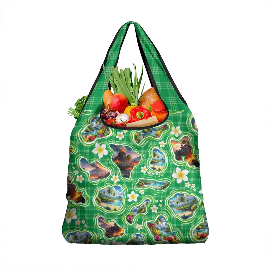 Hawaii Map with Plumeria Flower and Palaka Pattern Grocery Bag Tropical Island Green Design LT03 1-pack One Size Green - Polynesian Pride