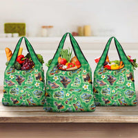 Hawaii Map with Plumeria Flower and Palaka Pattern Grocery Bag Tropical Island Green Design LT03 3-pack One Size Green - Polynesian Pride