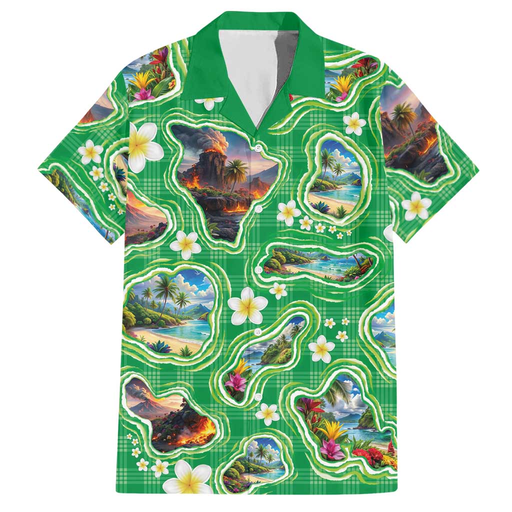 Hawaii Map with Plumeria Flower and Palaka Pattern Hawaiian Shirt Tropical Island Green Design LT03 Green - Polynesian Pride