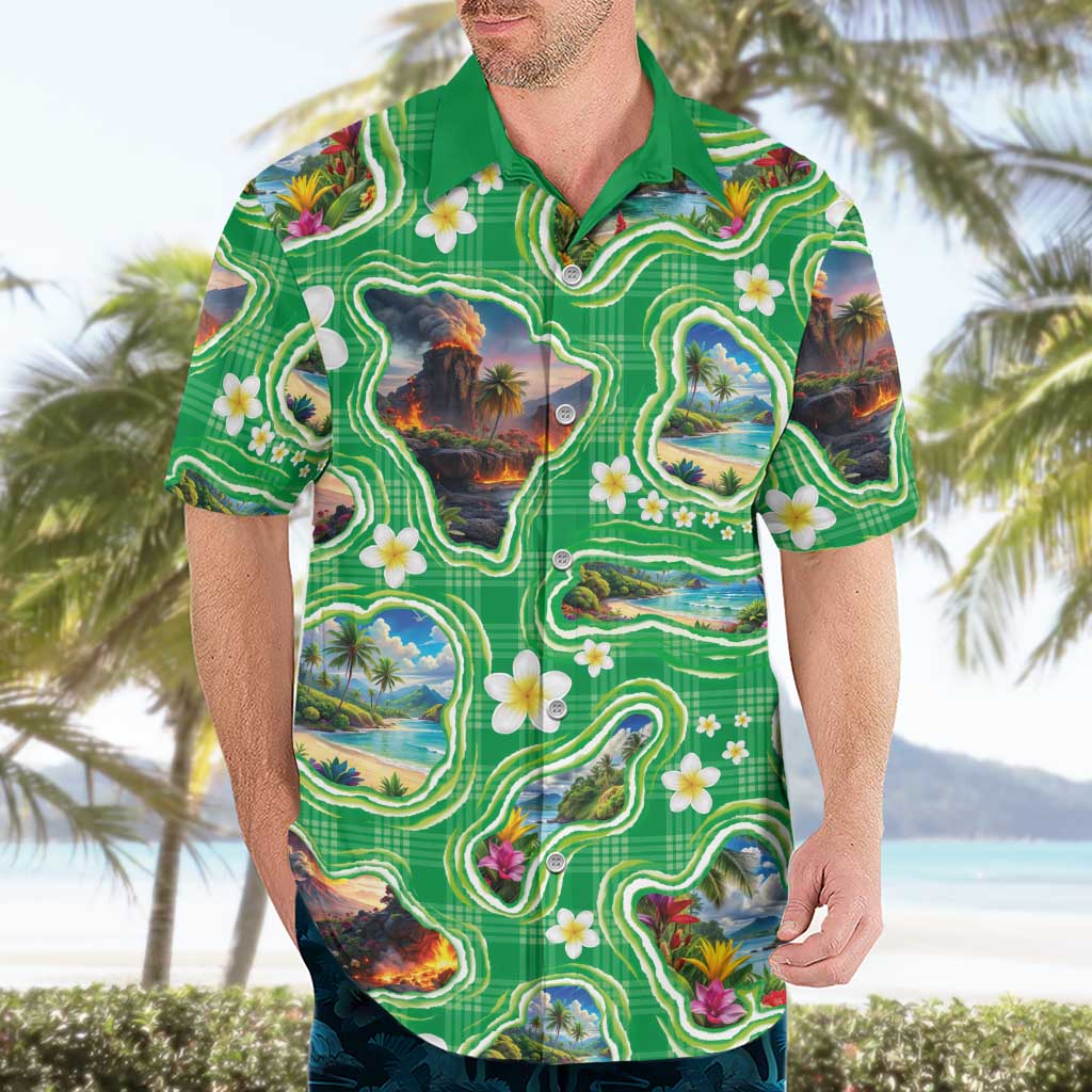 Hawaii Map with Plumeria Flower and Palaka Pattern Hawaiian Shirt Tropical Island Green Design LT03 - Polynesian Pride