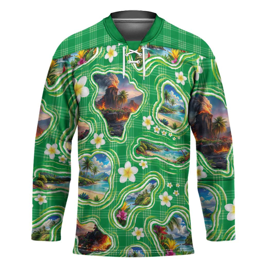 Hawaii Map with Plumeria Flower and Palaka Pattern Hockey Jersey Tropical Island Green Design LT03 Unisex Green - Polynesian Pride