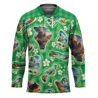 Hawaii Map with Plumeria Flower and Palaka Pattern Hockey Jersey Tropical Island Green Design LT03 Unisex Green - Polynesian Pride