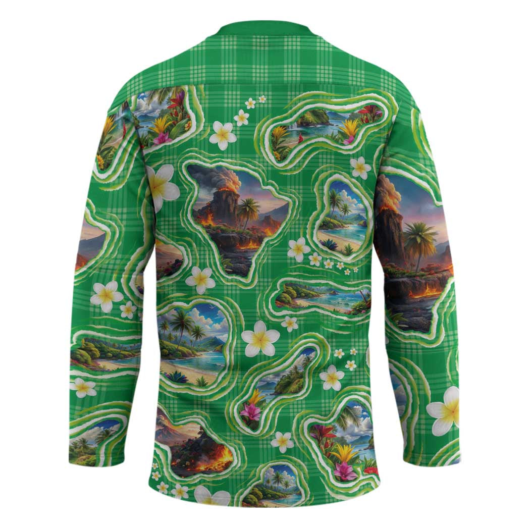 Hawaii Map with Plumeria Flower and Palaka Pattern Hockey Jersey Tropical Island Green Design LT03 - Polynesian Pride