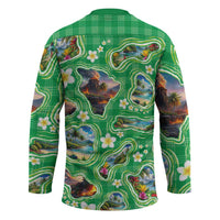 Hawaii Map with Plumeria Flower and Palaka Pattern Hockey Jersey Tropical Island Green Design LT03 - Polynesian Pride