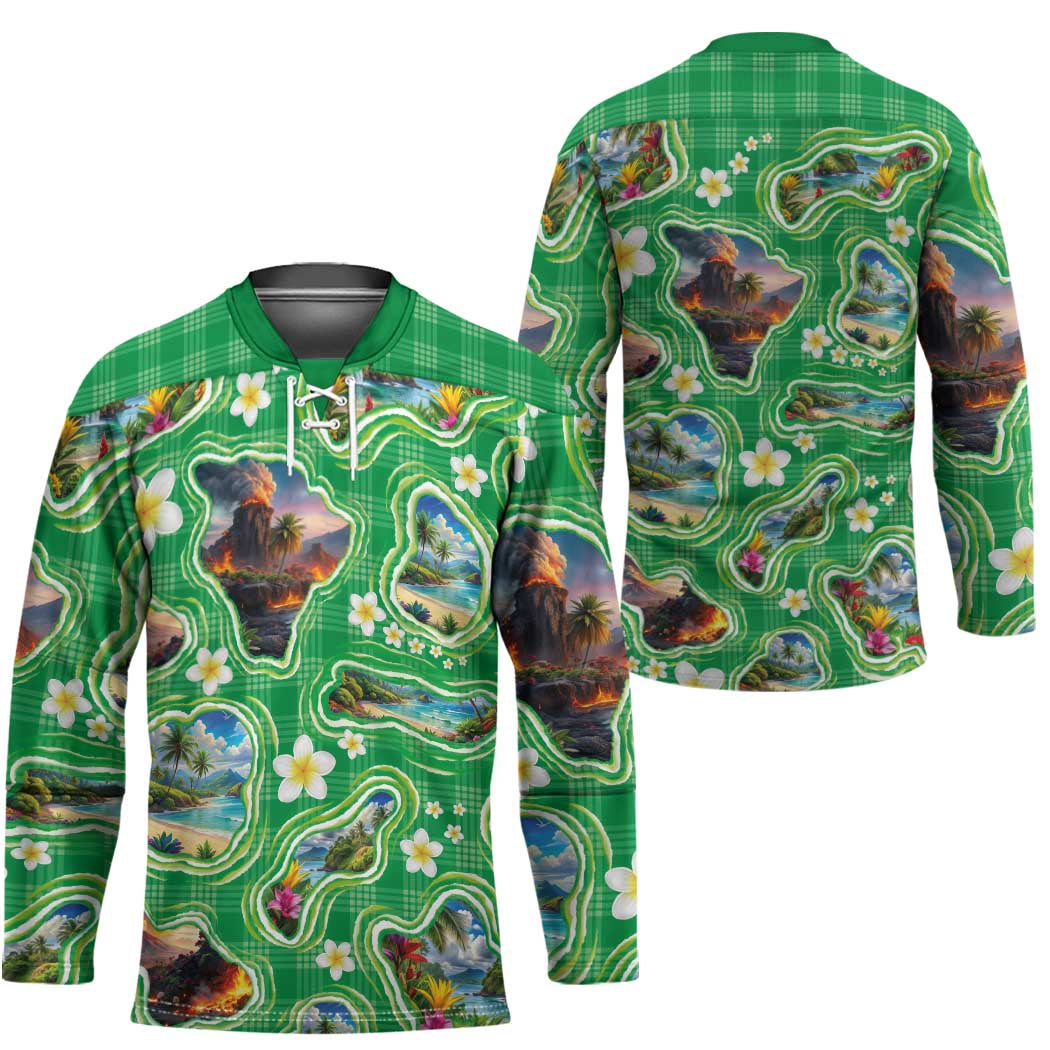 Hawaii Map with Plumeria Flower and Palaka Pattern Hockey Jersey Tropical Island Green Design LT03 - Polynesian Pride