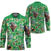 Hawaii Map with Plumeria Flower and Palaka Pattern Hockey Jersey Tropical Island Green Design LT03 - Polynesian Pride