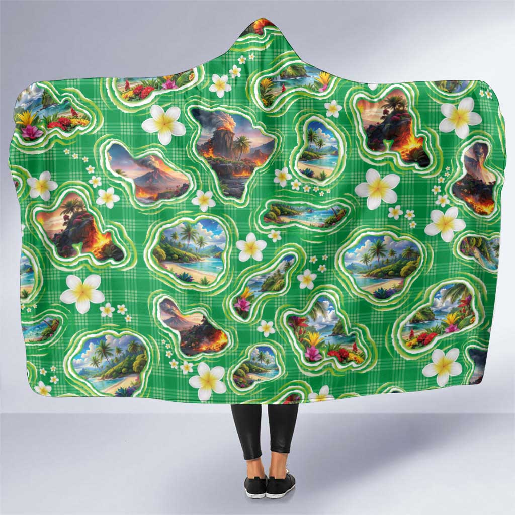 Hawaii Map with Plumeria Flower and Palaka Pattern Hooded Blanket Tropical Island Green Design LT03 One Size Green - Polynesian Pride