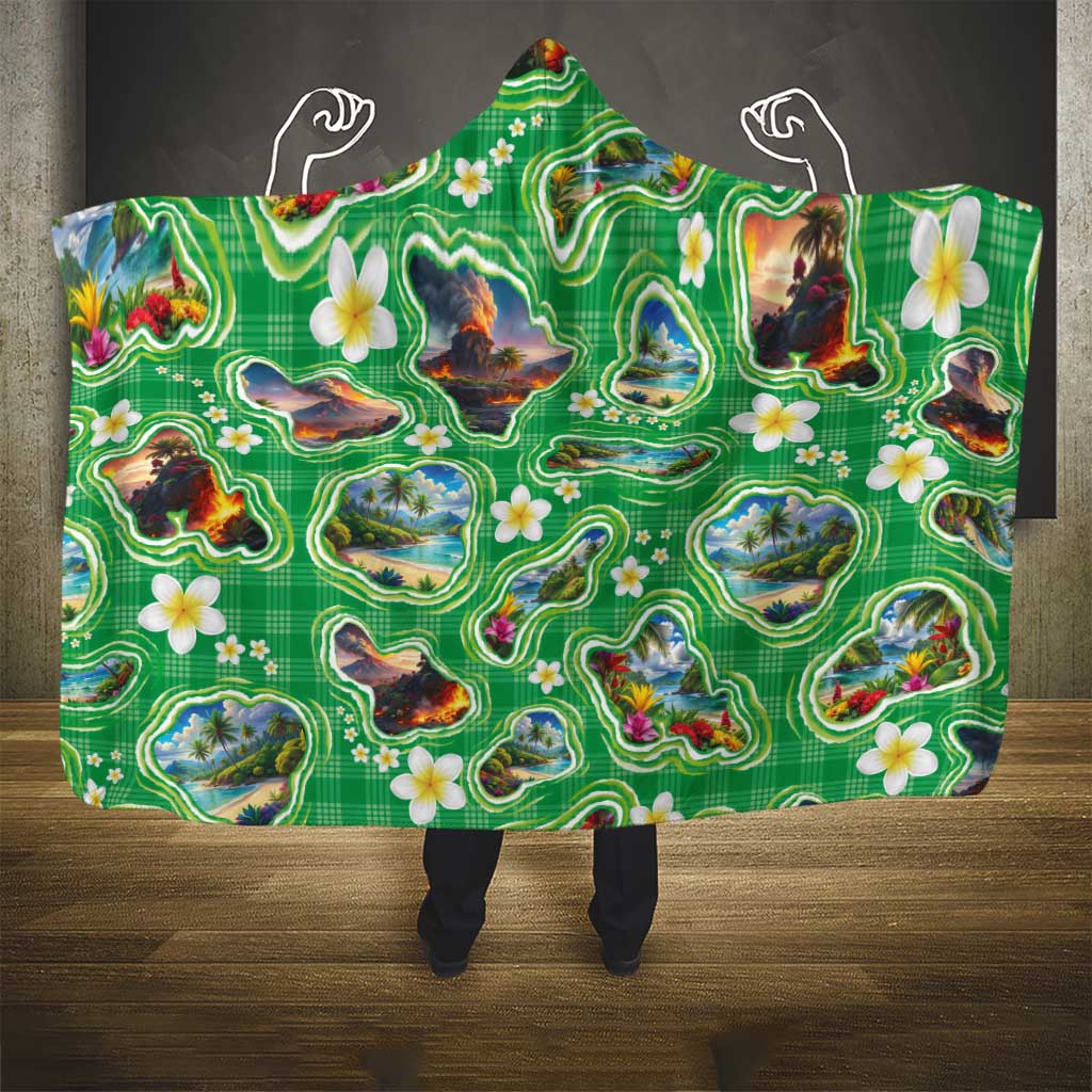 Hawaii Map with Plumeria Flower and Palaka Pattern Hooded Blanket Tropical Island Green Design LT03 - Polynesian Pride