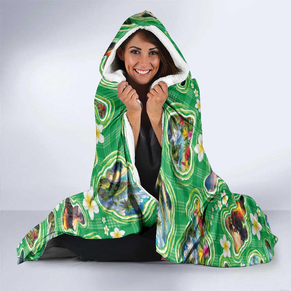 Hawaii Map with Plumeria Flower and Palaka Pattern Hooded Blanket Tropical Island Green Design LT03 - Polynesian Pride