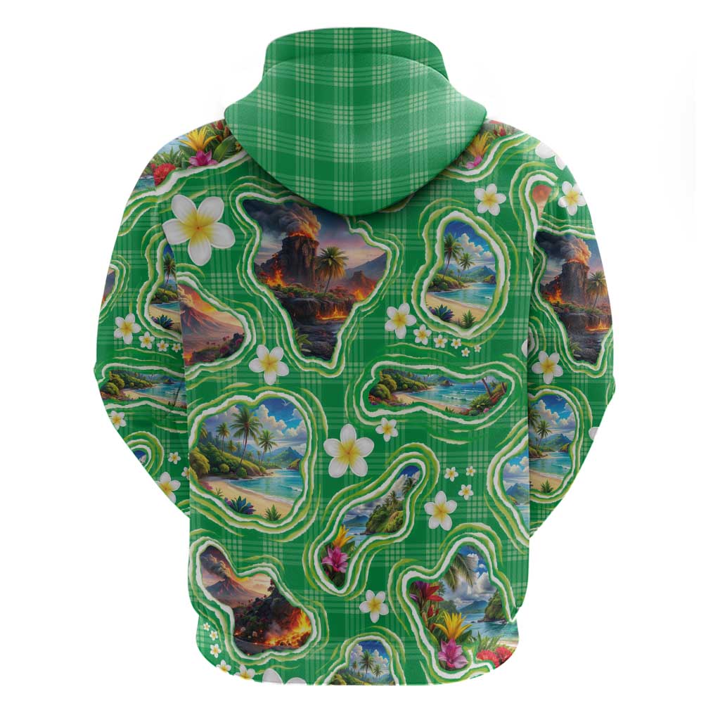 Hawaii Map with Plumeria Flower and Palaka Pattern Hoodie Tropical Island Green Design LT03 - Polynesian Pride