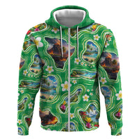 Hawaii Map with Plumeria Flower and Palaka Pattern Hoodie Tropical Island Green Design LT03 Zip Hoodie Green - Polynesian Pride