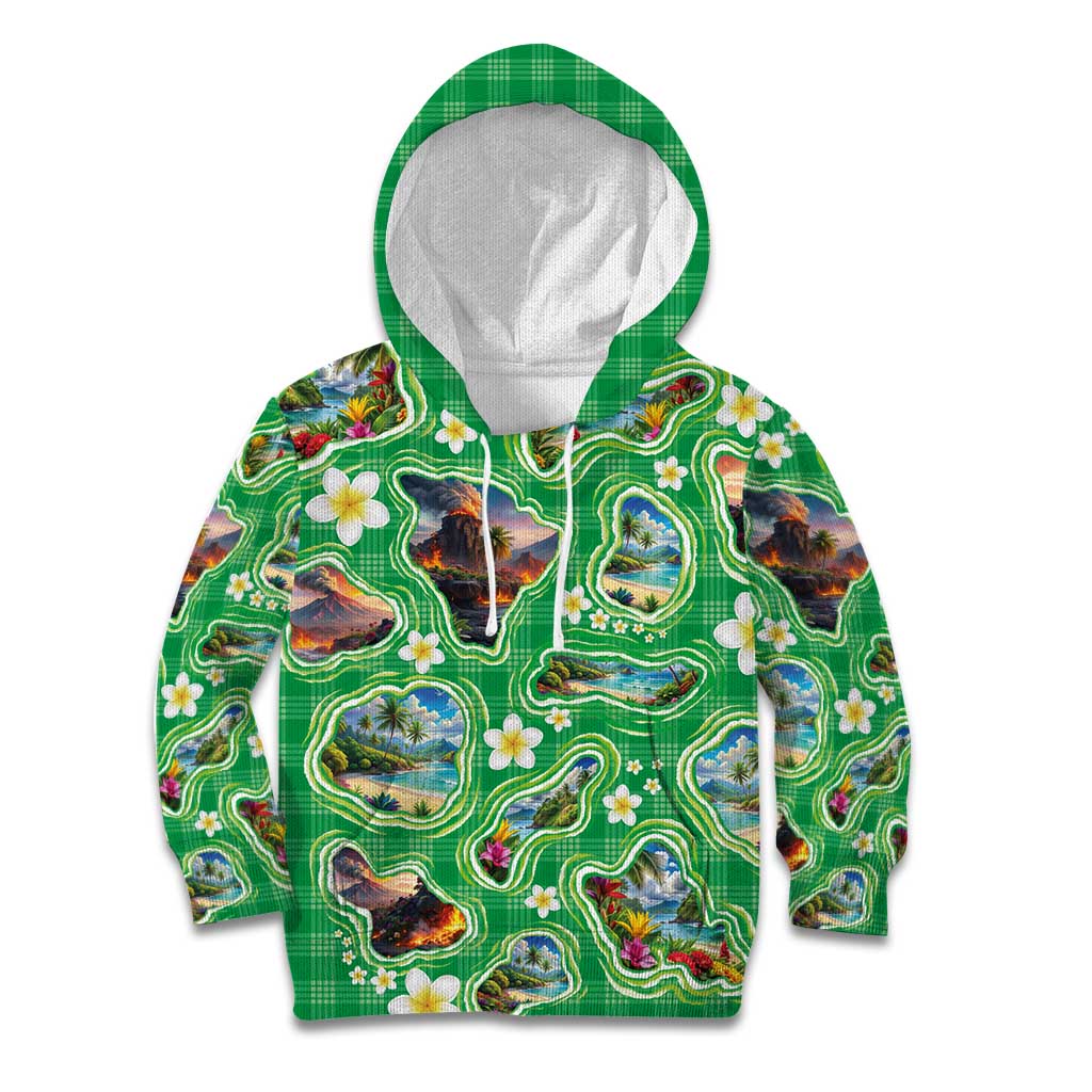 Hawaii Map with Plumeria Flower and Palaka Pattern Kid Hoodie Tropical Island Green Design LT03 Hoodie Green - Polynesian Pride