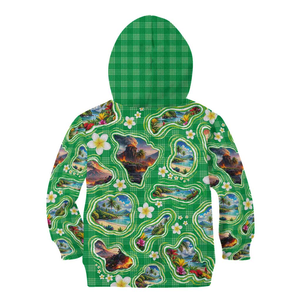 Hawaii Map with Plumeria Flower and Palaka Pattern Kid Hoodie Tropical Island Green Design LT03 - Polynesian Pride