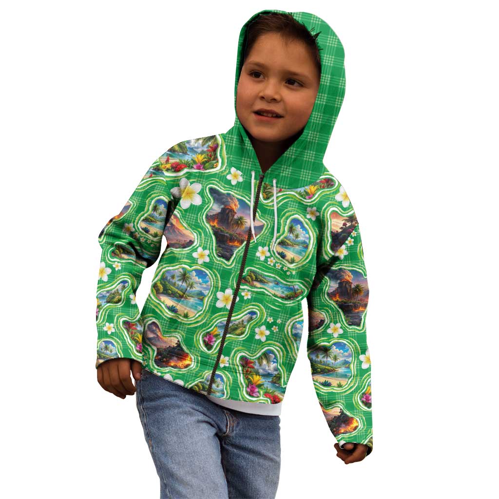 Hawaii Map with Plumeria Flower and Palaka Pattern Kid Hoodie Tropical Island Green Design LT03 - Polynesian Pride