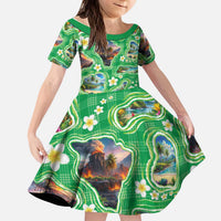 Hawaii Map with Plumeria Flower and Palaka Pattern Kid Short Sleeve Dress Tropical Island Green Design