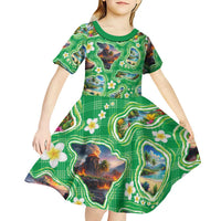 Hawaii Map with Plumeria Flower and Palaka Pattern Kid Short Sleeve Dress Tropical Island Green Design