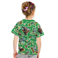 Hawaii Map with Plumeria Flower and Palaka Pattern Kid T Shirt Tropical Island Green Design LT03 - Polynesian Pride