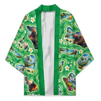Hawaii Map with Plumeria Flower and Palaka Pattern Kimono Tropical Island Green Design LT03 Unisex Green - Polynesian Pride