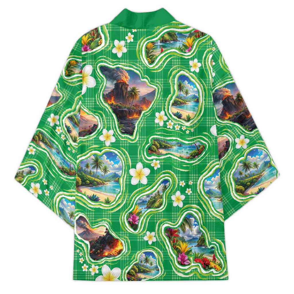 Hawaii Map with Plumeria Flower and Palaka Pattern Kimono Tropical Island Green Design LT03 - Polynesian Pride