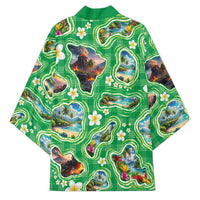 Hawaii Map with Plumeria Flower and Palaka Pattern Kimono Tropical Island Green Design LT03 - Polynesian Pride