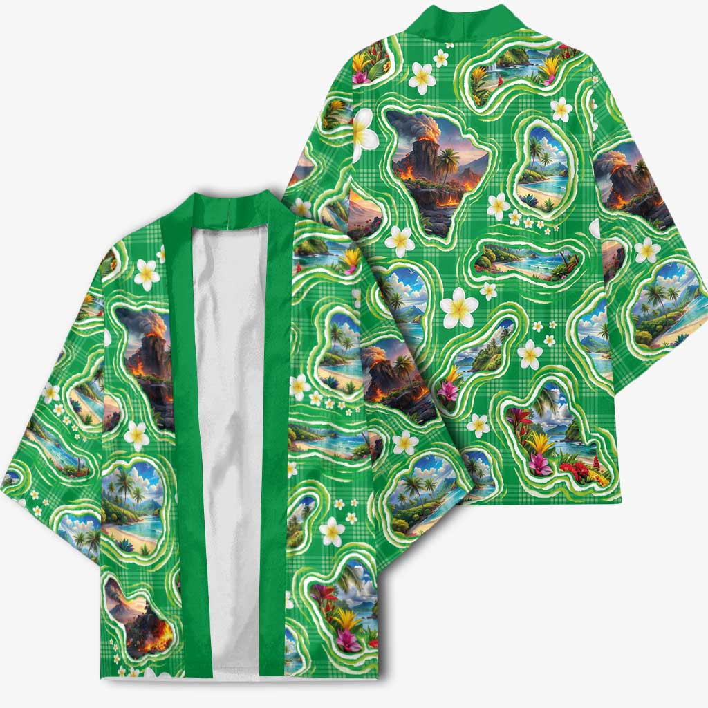 Hawaii Map with Plumeria Flower and Palaka Pattern Kimono Tropical Island Green Design LT03 - Polynesian Pride