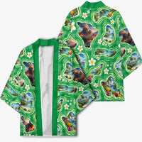 Hawaii Map with Plumeria Flower and Palaka Pattern Kimono Tropical Island Green Design LT03 - Polynesian Pride