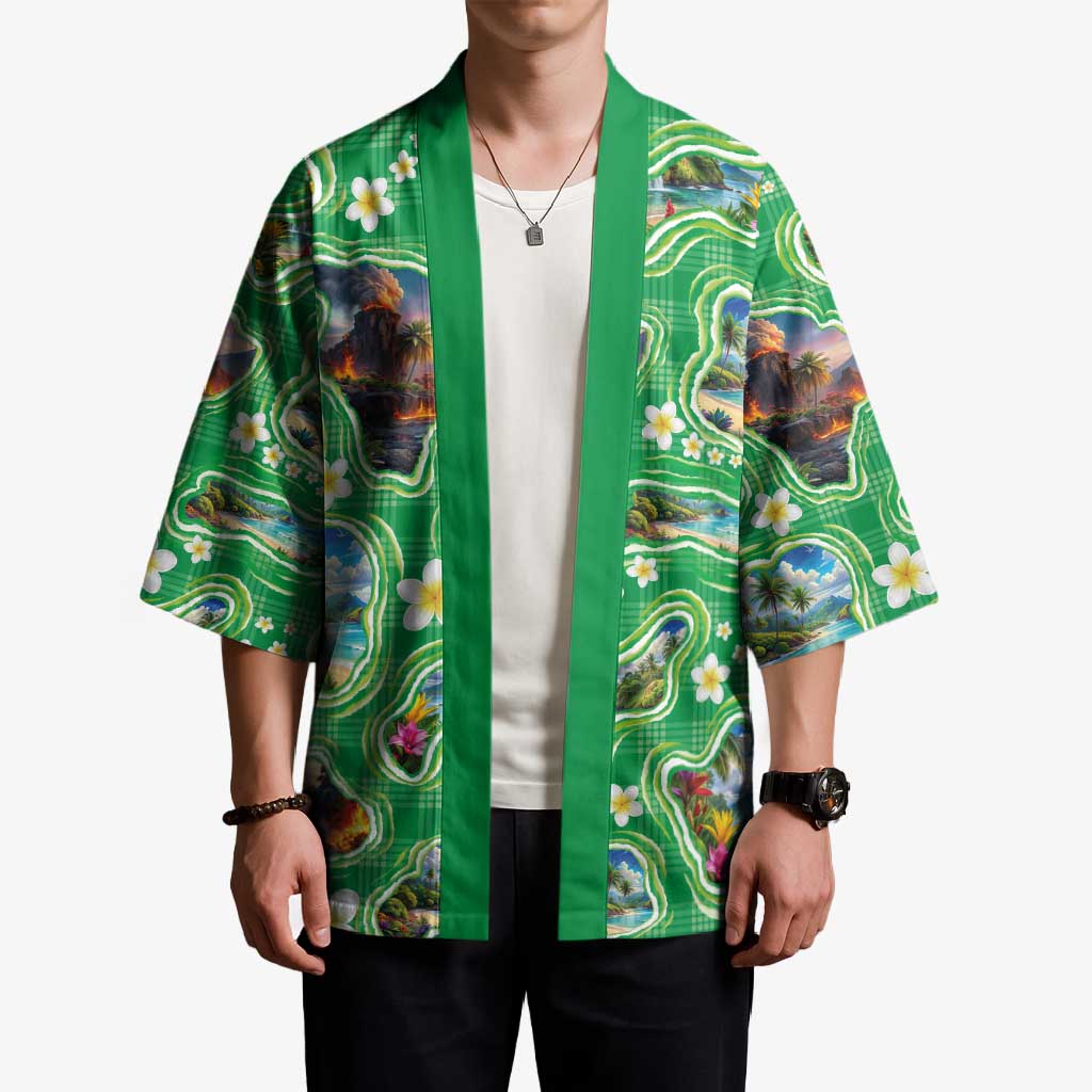 Hawaii Map with Plumeria Flower and Palaka Pattern Kimono Tropical Island Green Design LT03 - Polynesian Pride